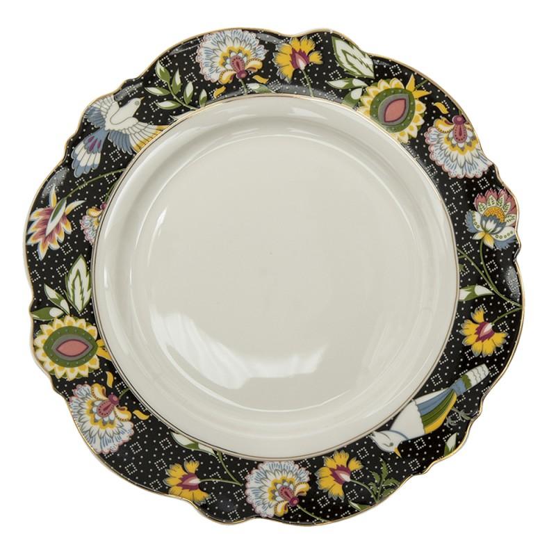 clayre & eef 6CE1285 Dinerbord Ø 28 cm Zwart Wit Keramiek Bloemen Rond Eetbord