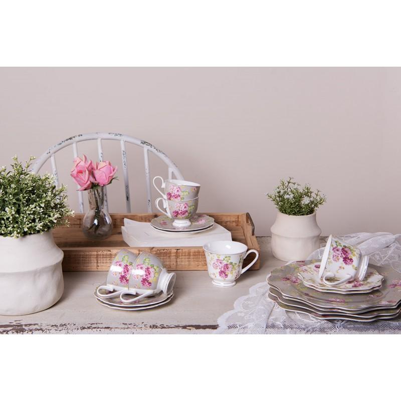 Clayre & Eef 6CE1292 Dinerbord Ø 28 Cm Groen Keramiek Bloemen Rond Eetbord