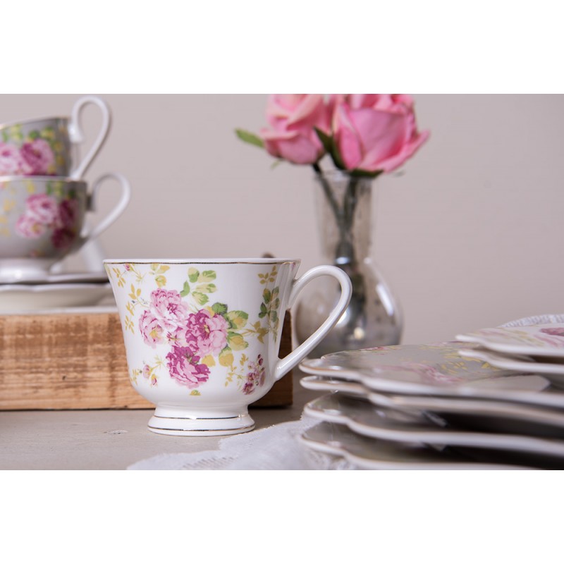 Clayre & Eef 6CE1293 Kop En Schotel 200 Ml Wit Porselein Bloemen Rond Servies