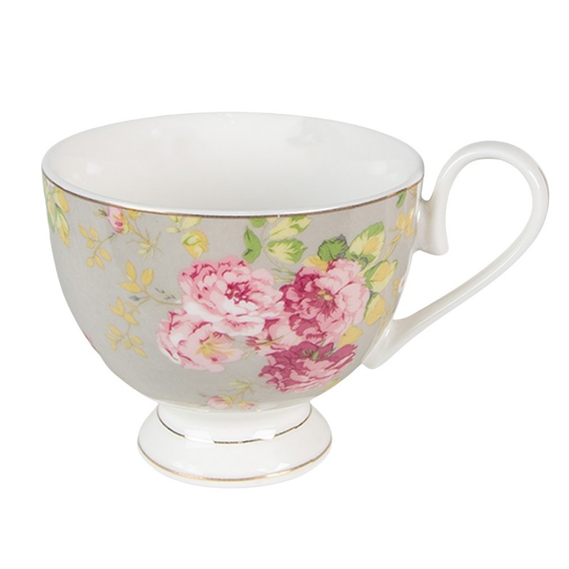 Clayre & Eef 6CE1294 Kop En Schotel 200 Ml Groen Wit Porselein Bloemen Rond Servies