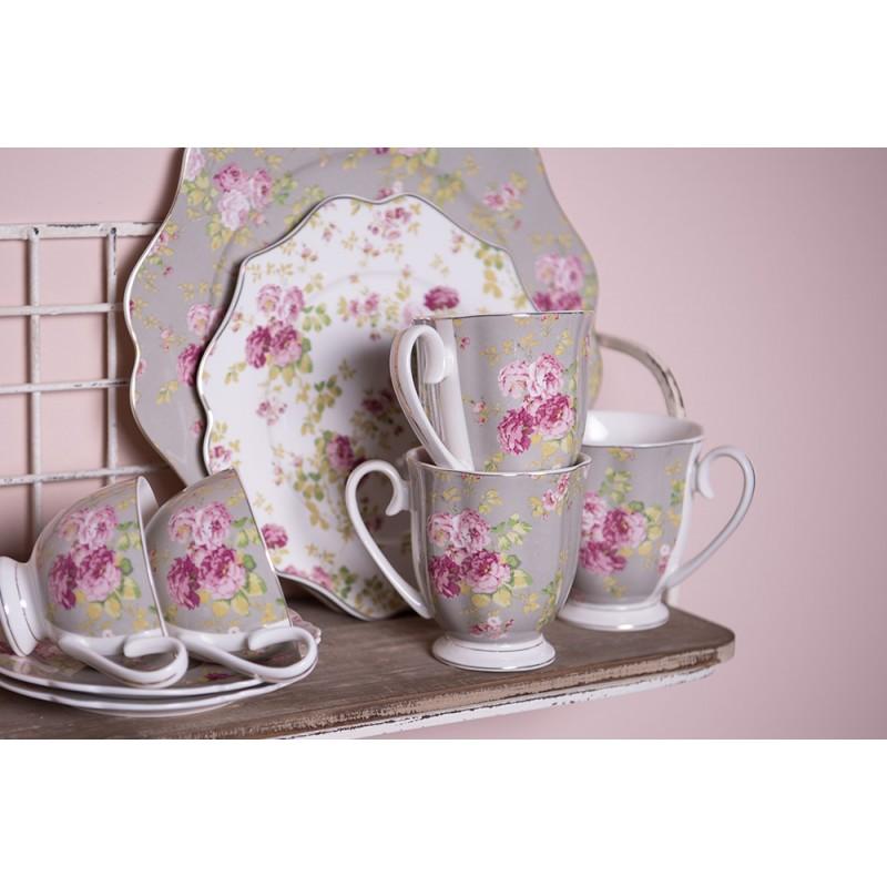 Clayre & Eef 6CE1294 Kop En Schotel 200 Ml Groen Wit Porselein Bloemen Rond Servies