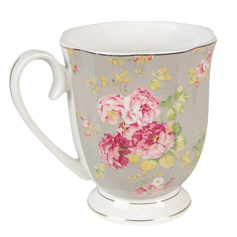 Clayre & Eef 6CE1295 Mok 290 Ml Groen Wit Porselein Bloemen Rond Koffiemok