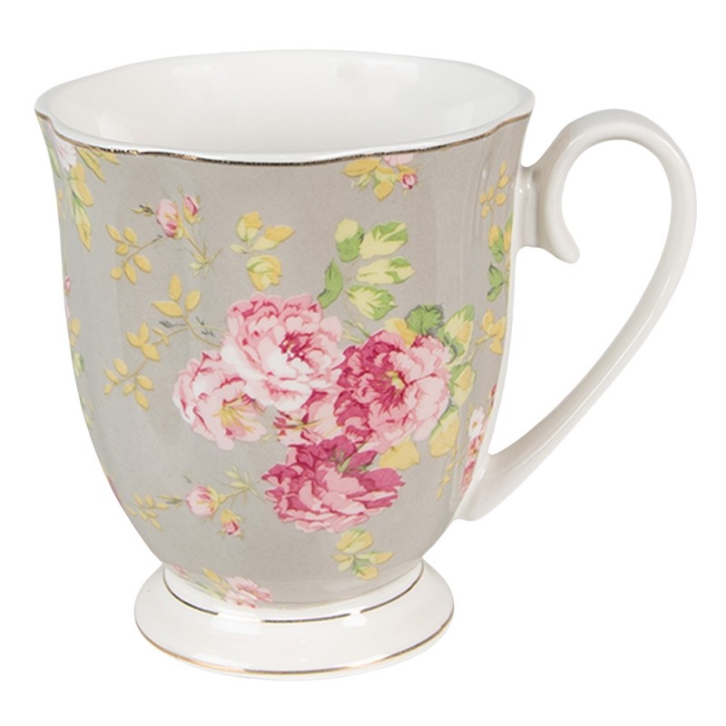 clayre & eef 6CE1295 Mok 290 ml Groen Wit Porselein Bloemen Rond Koffiemok