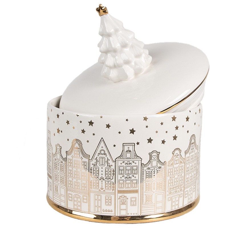 Clayre & Eef 6CE1736 Voorraadpot Deksel Ø 15x19 Cm Wit Zilverkleurig Keramisch Materiaal Huizen