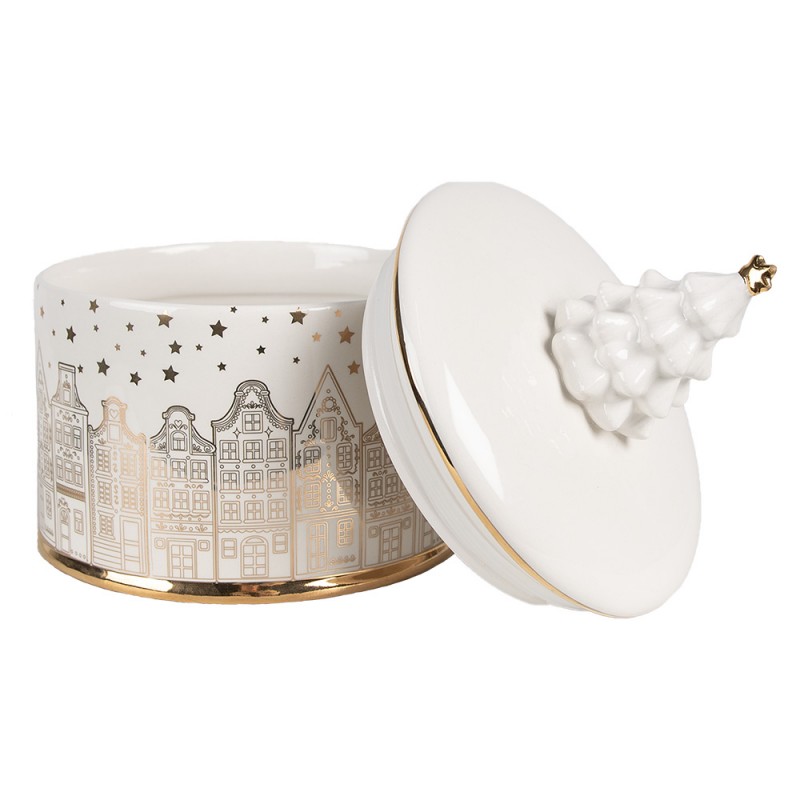 Clayre & Eef 6CE1736 Voorraadpot Deksel Ø 15x19 Cm Wit Zilverkleurig Keramisch Materiaal Huizen