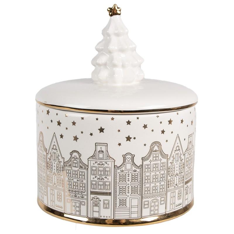 clayre & eef 6CE1736 Voorraadpot Deksel Ø 15x19 cm Wit Zilverkleurig Keramisch materiaal Huizen