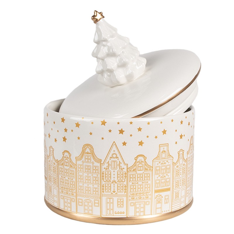 Clayre & Eef 6CE1737 Voorraadpot Deksel Ø 15x19 Cm Wit Goudkleurig Keramisch Materiaal Huizen