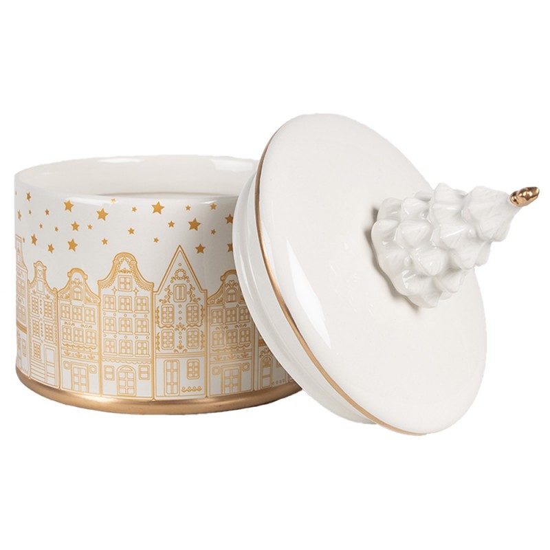 Clayre & Eef 6CE1737 Voorraadpot Deksel Ø 15x19 Cm Wit Goudkleurig Keramisch Materiaal Huizen