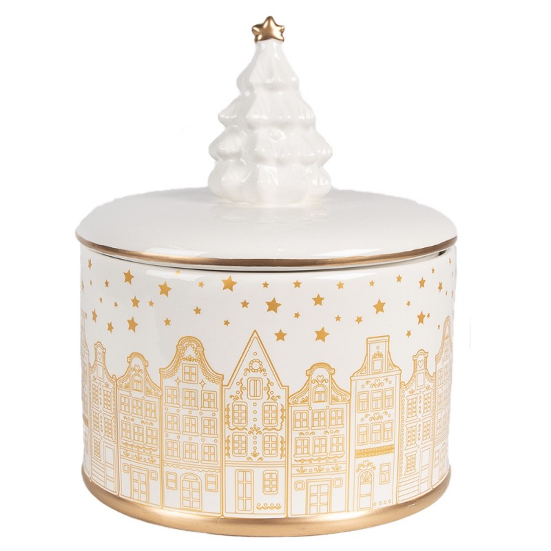 clayre & eef 6CE1737 Voorraadpot Deksel Ø 15x19 cm Wit Goudkleurig Keramisch materiaal Huizen