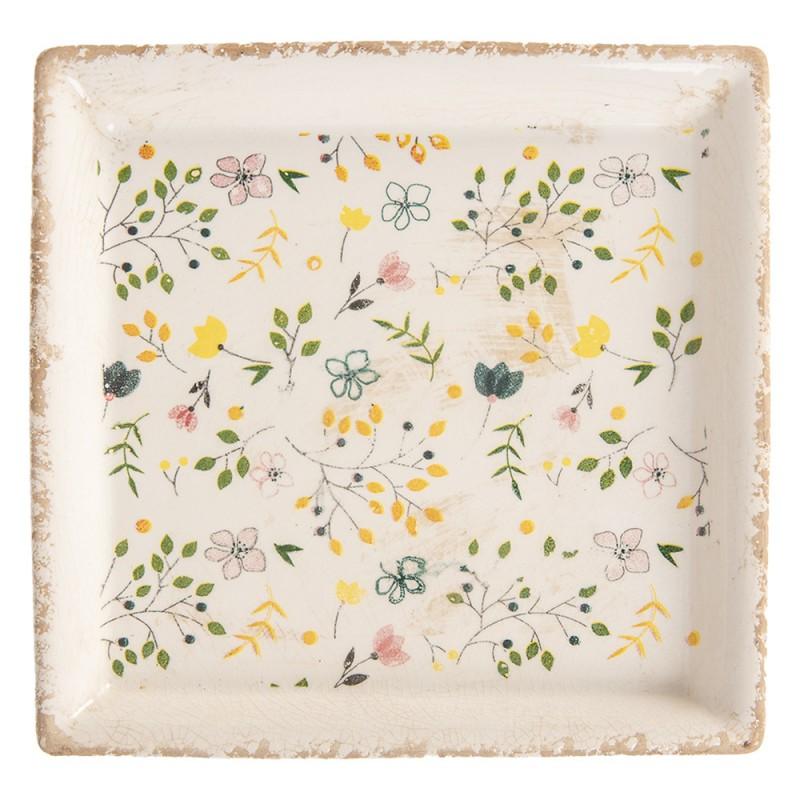 Clayre & Eef 6CE2019 Onderbord 22x22x3 Cm Beige Keramiek Bloemen