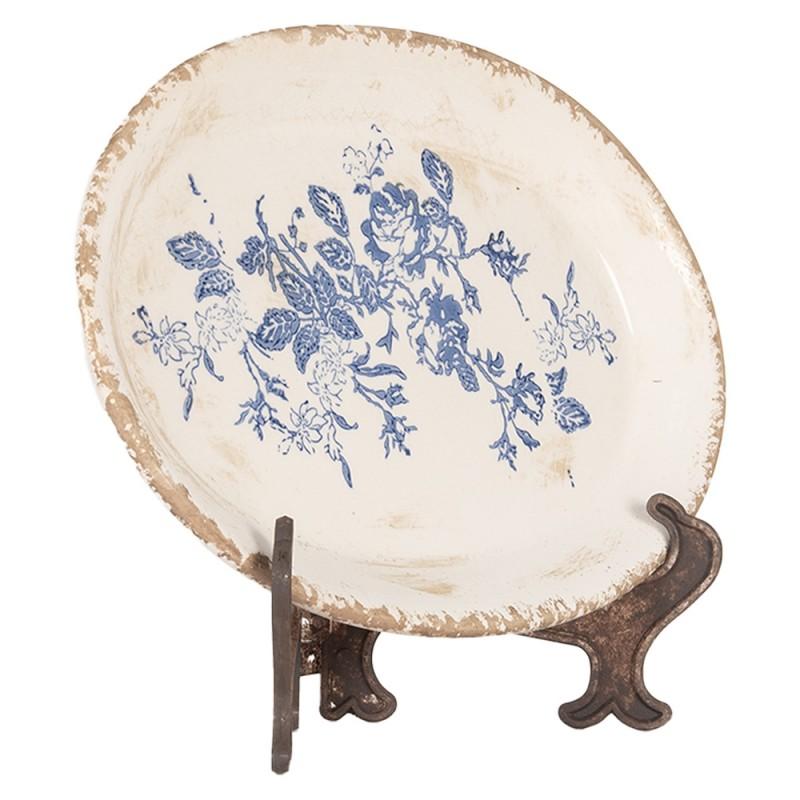 Clayre & Eef 6CE2020 Onderbord 25x18x3 Cm Beige Blauw Keramiek Bloemen Ovaal