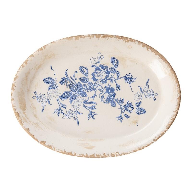 Clayre & Eef 6CE2020 Onderbord 25x18x3 Cm Beige Blauw Keramiek Bloemen Ovaal