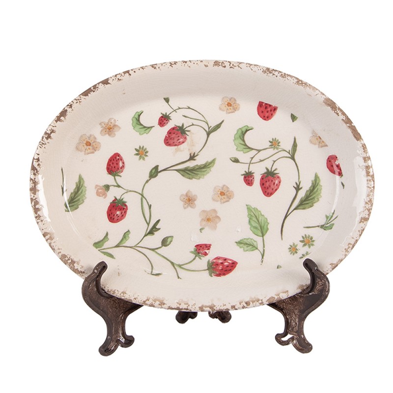 clayre & eef 6CE2022 Onderbord 25x18x3 cm Beige Keramiek Aardbeien Ovaal