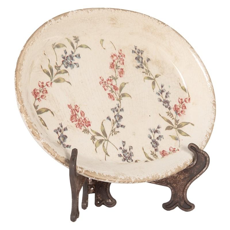 Clayre & Eef 6CE2026 Onderbord 25x18x3 Cm Beige Roze Keramiek Bloemen Ovaal