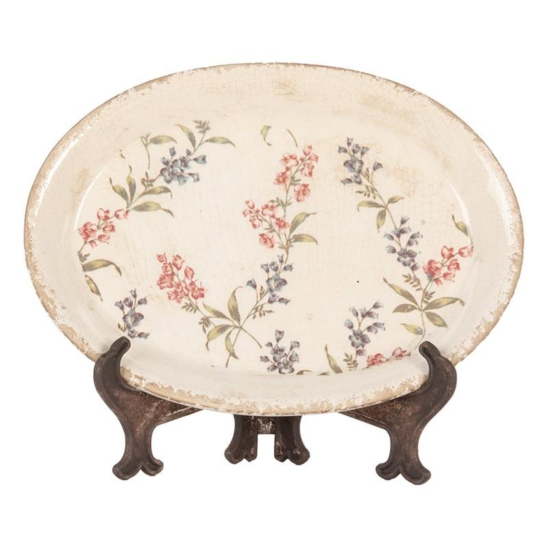 clayre & eef 6CE2026 Onderbord 25x18x3 cm Beige Roze Keramiek Bloemen Ovaal