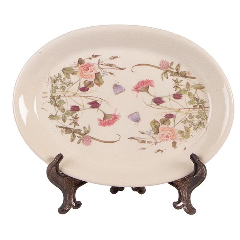 clayre & eef 6CE2030 Onderbord 25x18x2 cm Beige Roze Keramiek Bloemen