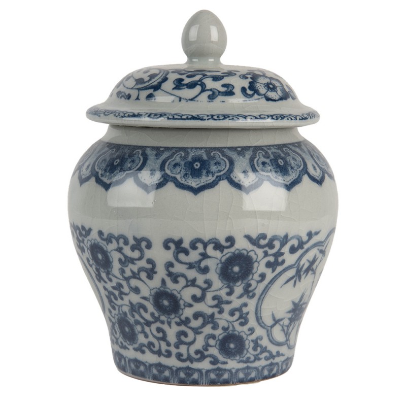 Clayre & Eef 6CE2143 Vaas Met Deksel Ø 9x13 Cm Grijs Blauw Keramiek