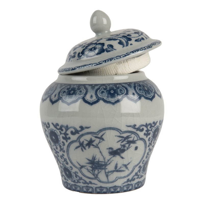 Clayre & Eef 6CE2143 Vaas Met Deksel Ø 9x13 Cm Grijs Blauw Keramiek