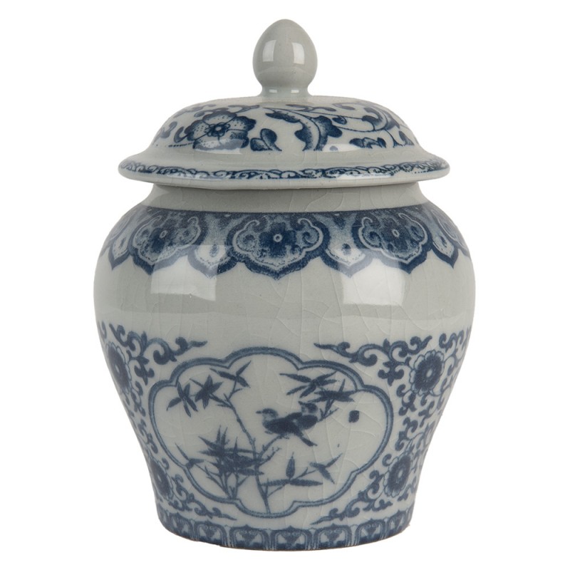 clayre & eef 6CE2143 Vaas met Deksel Ø 9x13 cm Grijs Blauw Keramiek