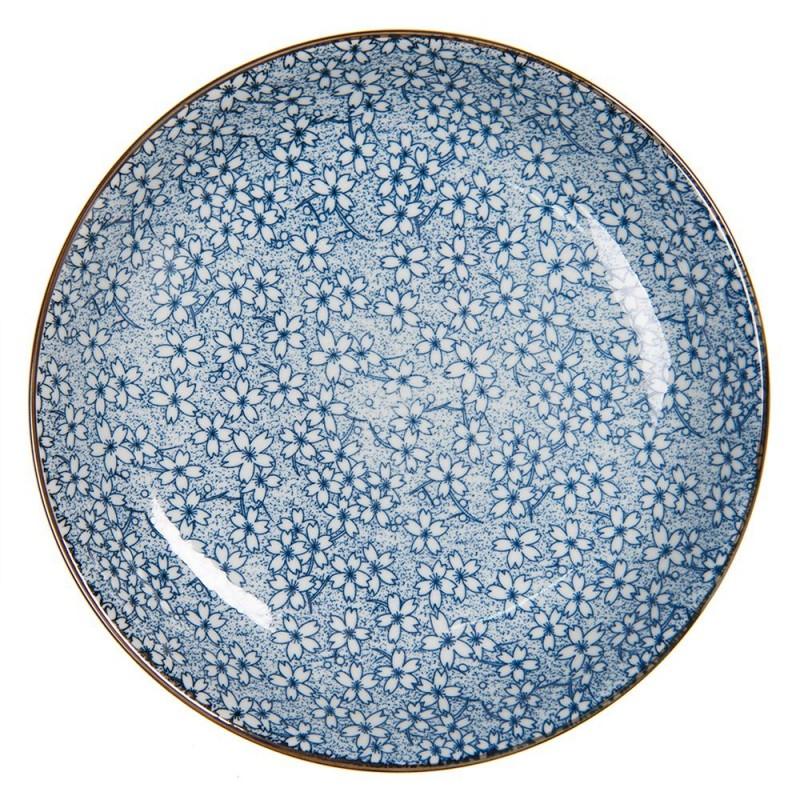 Clayre & Eef 6CEBO0043 Soepbord Ø 20x4 Cm Blauw Keramiek Bloemen Rond Soepkom