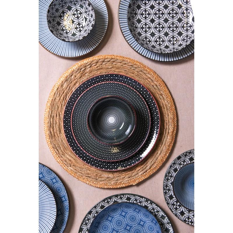 Clayre & Eef 6CEBO0050 Soepbord Ø 20x4 Cm Zwart Keramiek Strepen Rond Soepkom