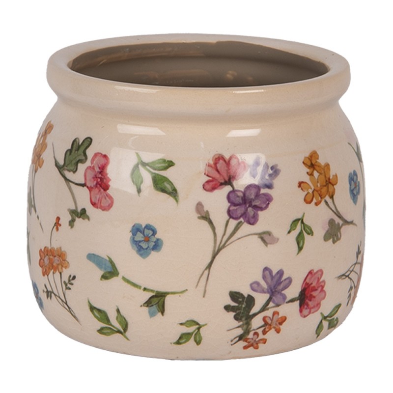 Clayre & Eef 6CECFL0001S Bloempot Ø 12x10 Cm Beige Keramiek Bloemen