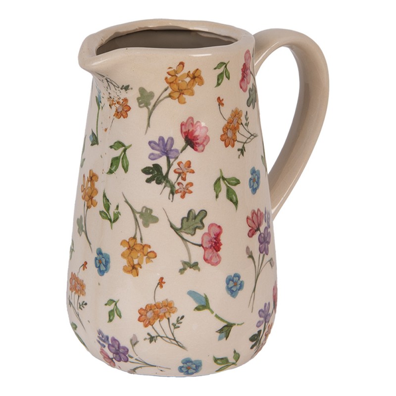 Clayre & Eef 6CECFL0002M Decoratie Kan 16x12x18 Cm Beige Keramiek Bloemen