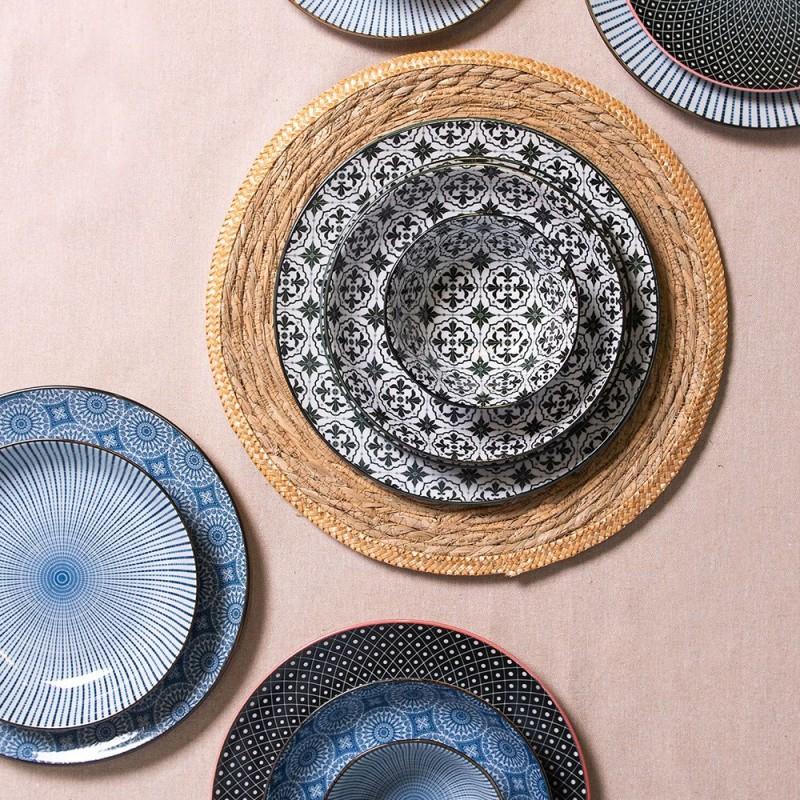 Clayre & Eef 6CEFP0047 Dinerbord Ø 26 Cm Zwart Wit Keramiek Rond Eetbord