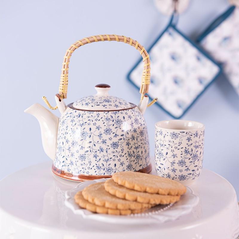 Clayre & Eef 6CEMU0012 Mok 100 Ml Blauw Porselein Bloemen Rond Theemok