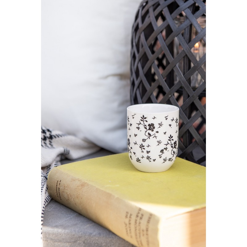 Clayre & Eef 6CEMU0081 Mok 100 Ml Wit Zwart Porselein Bloemen Rond Theemok
