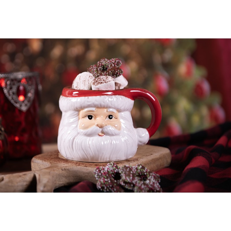 Clayre & Eef 6CEMU0154 Mok 400 Ml Wit Rood Keramiek Kerstman