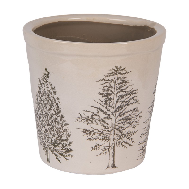 Clayre & Eef 6CENPT0001L Bloempot Ø 17x16 Cm Beige Groen Keramiek Dennenbomen