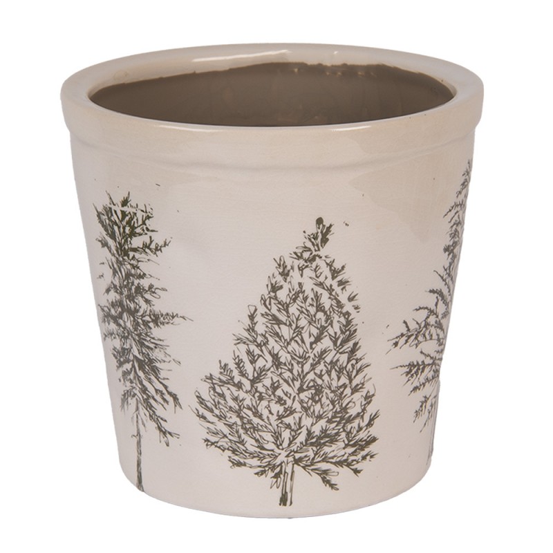 clayre & eef 6CENPT0001L Bloempot Ø 17x16 cm Beige Groen Keramiek Dennenbomen