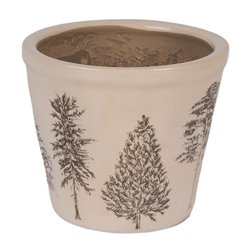 Clayre & Eef 6CENPT0001S Bloempot Ø 12x11 Cm Beige Keramiek Dennenbomen