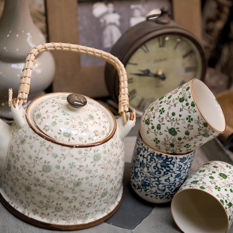 Clayre & Eef 6CETE0001 Theepot Met Filter 700 Ml Groen Keramiek Bloemen Rond Theekan