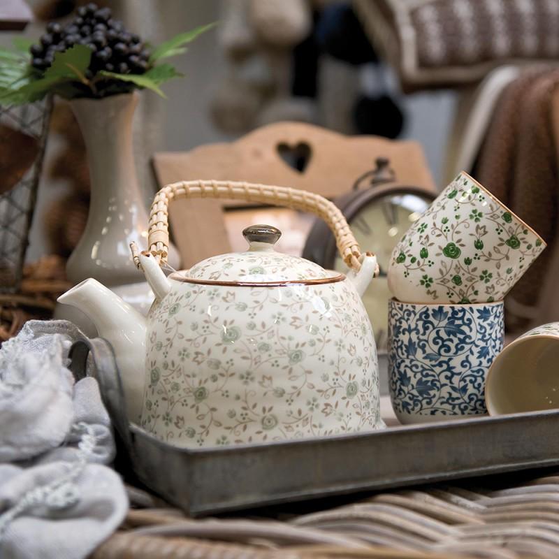 Clayre & Eef 6CETE0001 Theepot Met Filter 700 Ml Groen Keramiek Bloemen Rond Theekan