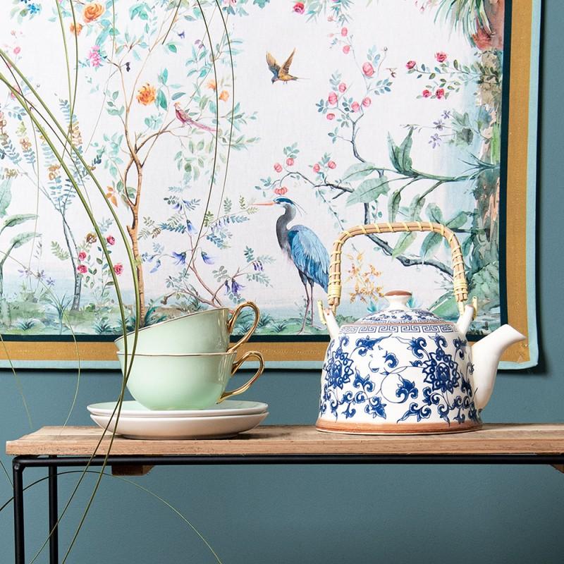 Clayre & Eef 6CETE0004 Theepot Met Filter 700 Ml Blauw Keramiek Bloemen Rond Theekan