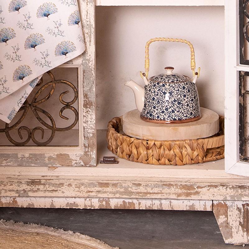 Clayre & Eef 6CETE0005 Theepot Met Filter 700 Ml Blauw Keramiek Bloemen Rond Theekan