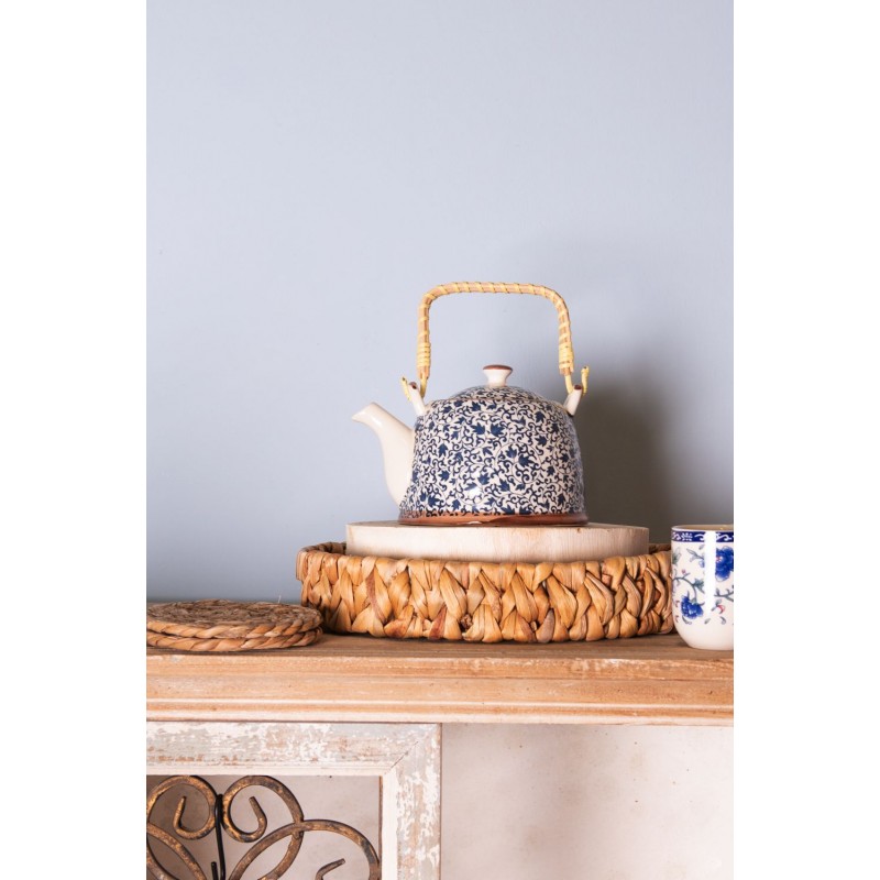 Clayre & Eef 6CETE0005 Theepot Met Filter 700 Ml Blauw Keramiek Bloemen Rond Theekan