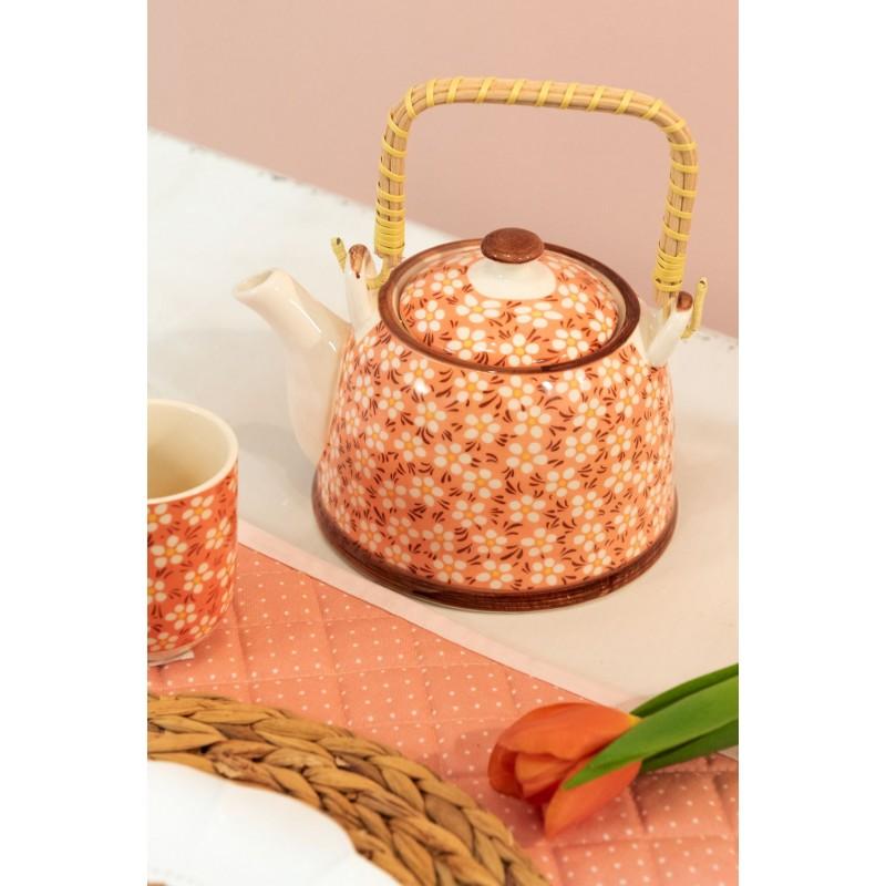 Clayre & Eef 6CETE0006 Theepot Met Filter 700 Ml Roze Keramiek Bloemen Rond Theekan