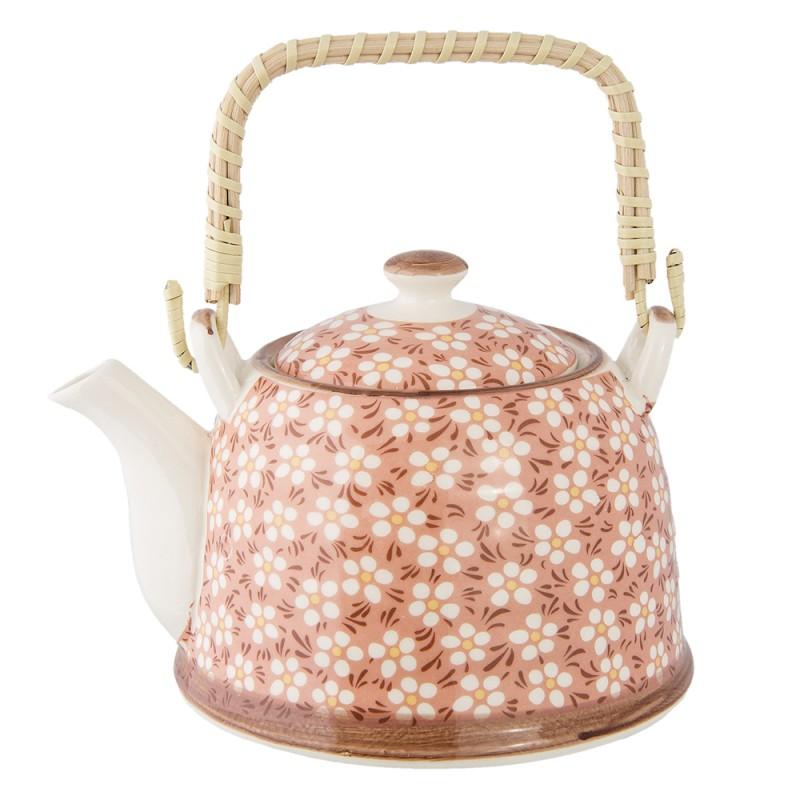 Clayre & Eef 6CETE0006 Theepot Met Filter 700 Ml Roze Keramiek Bloemen Rond Theekan