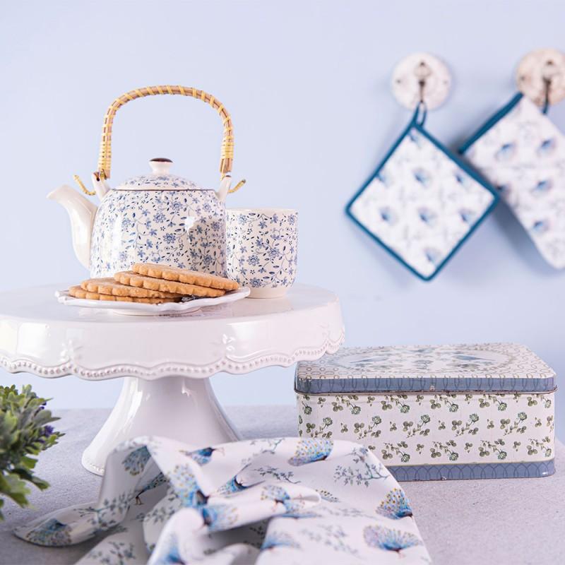 Clayre & Eef 6CETE0012 Theepot Met Filter 700 Ml Blauw Keramiek Bloemen Rond Theekan