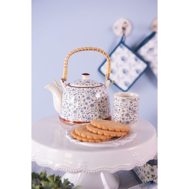 Clayre & Eef 6CETE0012 Theepot Met Filter 700 Ml Blauw Keramiek Bloemen Rond Theekan