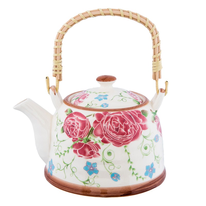 clayre & eef 6CETE0020 Theepot met Filter 700 ml Beige Roze Keramiek Bloemen Rond Theekan