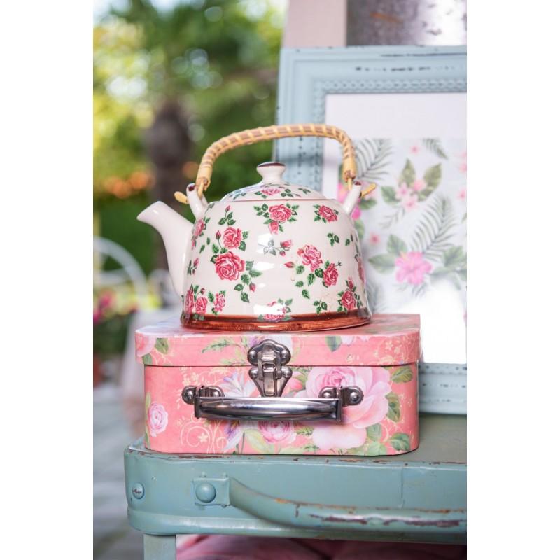 Clayre & Eef 6CETE0021 Theepot Met Filter 700 Ml Beige Roze Keramiek Bloemen Rond Theekan