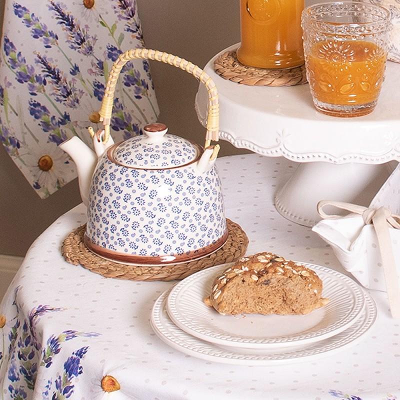 Clayre & Eef 6CETE0022 Theepot Met Filter 700 Ml Blauw Keramiek Bloemen Rond Theekan