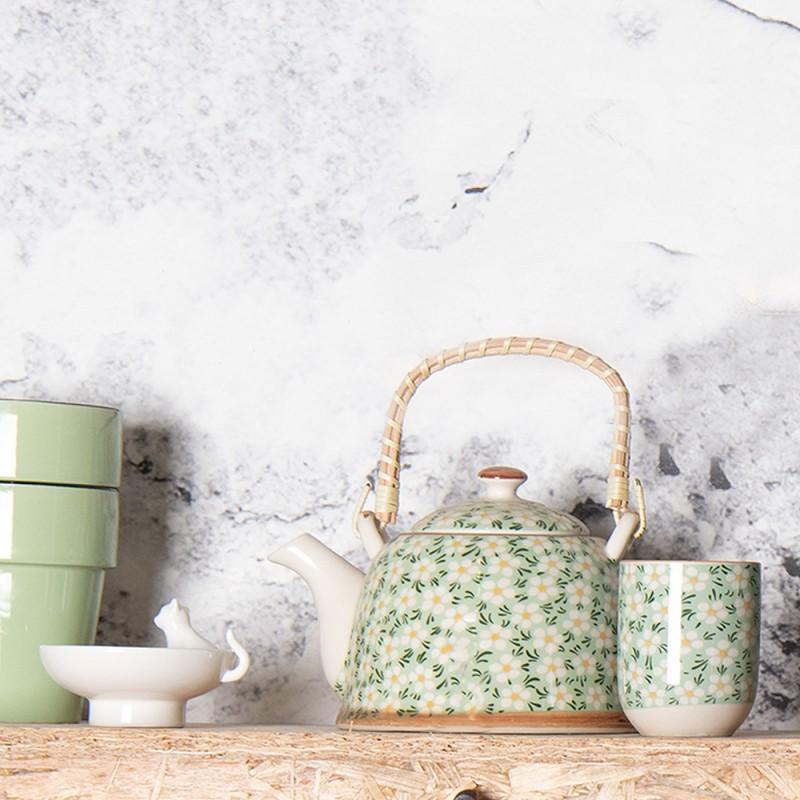 Clayre & Eef 6CETE0023 Theepot Met Filter 700 Ml Groen Keramiek Bloemen Rond Theekan