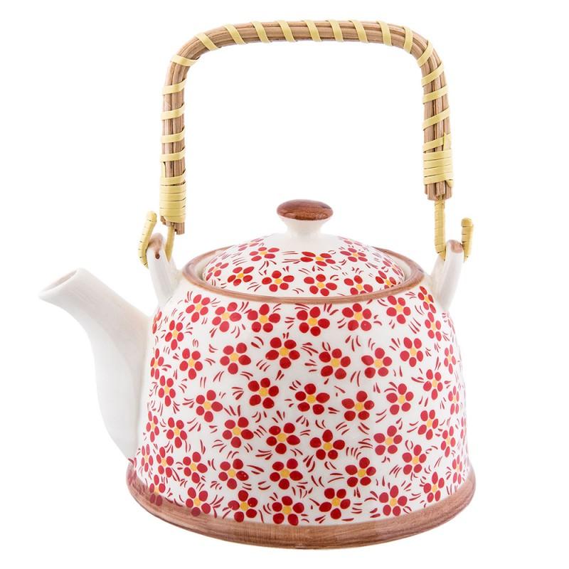 clayre & eef 6CETE0031 Theepot met Filter 700 ml Rood Keramiek Bloemen Rond Theekan
