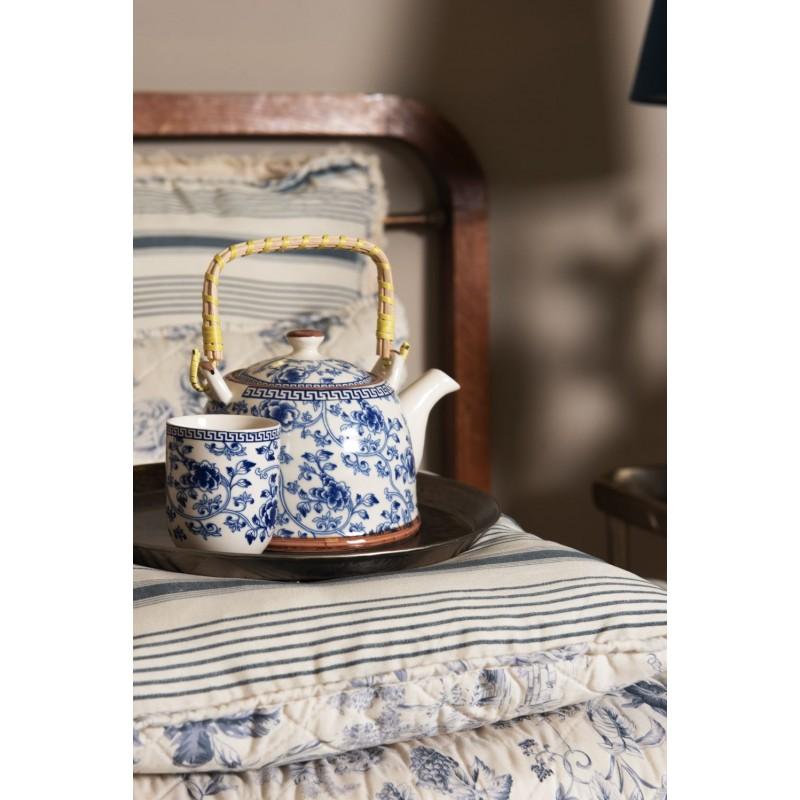 Clayre & Eef 6CETE0087 Theepot Met Filter 800 Ml Blauw Porselein Bloemen Rond Theekan