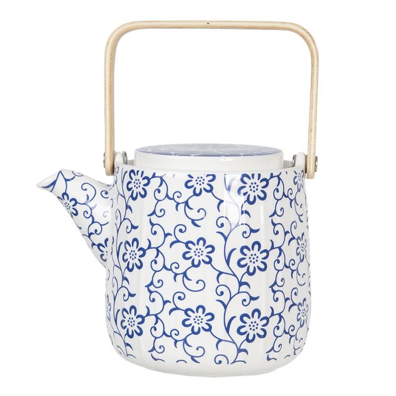 clayre & eef 6CETE0094 Theepot 800 ml Blauw Wit Porselein Bloemen Rond Theekan